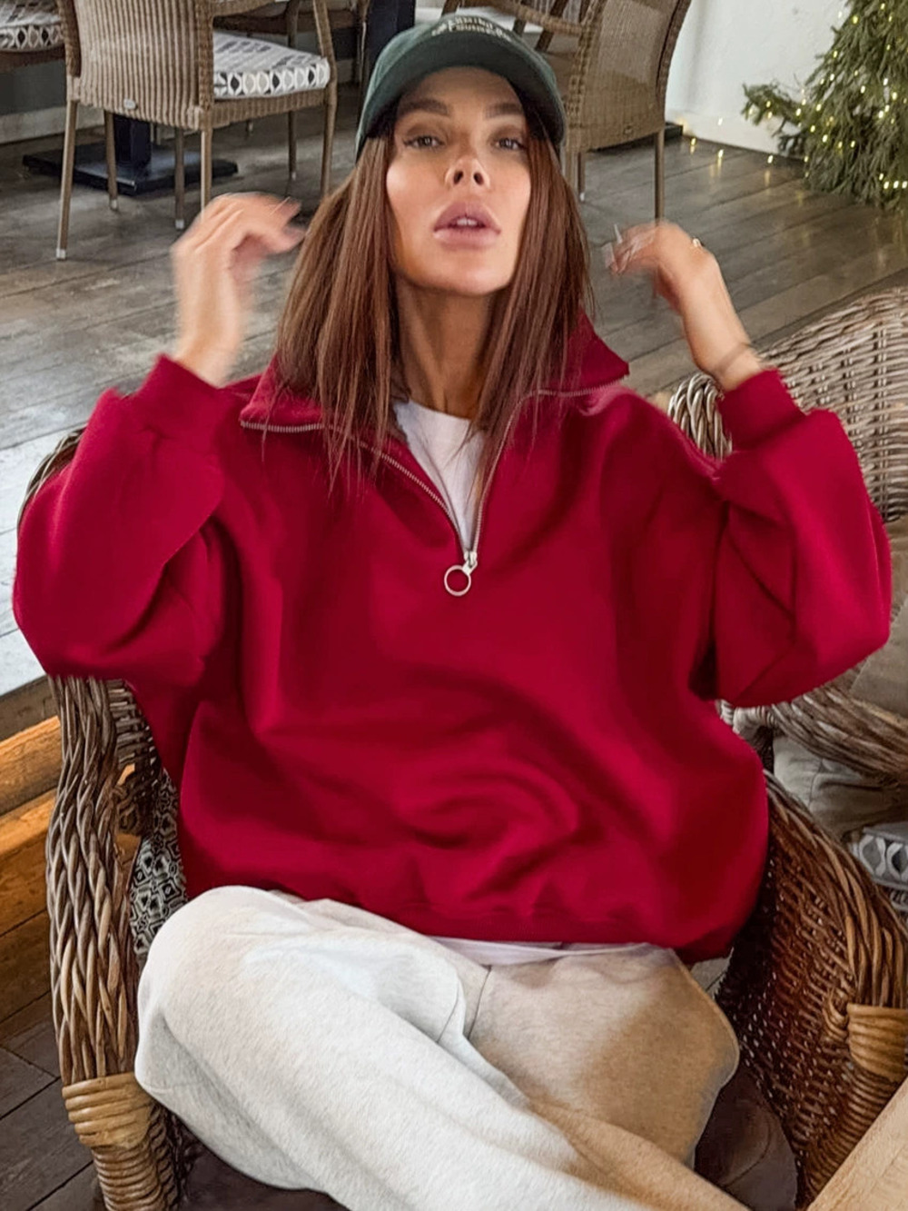 ZARA Womens Fleece Lined Sweatshirt Stand Collar Loose Pullover Boyfriend